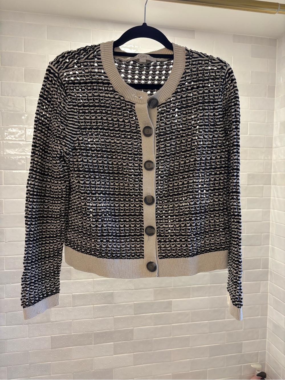 LOFT Black and Cream Open-Weave Button Cardigan